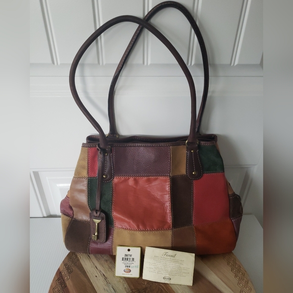Fossil Handbags - Fossil 1954 Suede Leather Multi Color Patchwork Double Handle Satchel key Fob